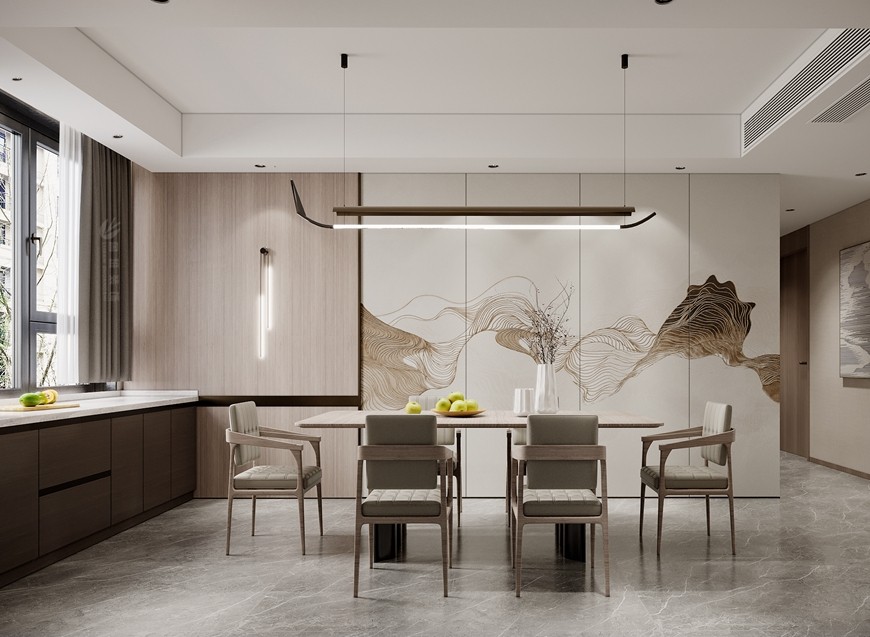 西安(ān)魯班裝(zhuāng)飾華清學(xué)府城150平米新(xīn)中(zhōng)式設計——餐廳效果圖 西安(ān)魯班裝(zhuāng)飾華清學(xué)府城150平米新(xīn)中(zhōng)式設計——餐廳效果圖