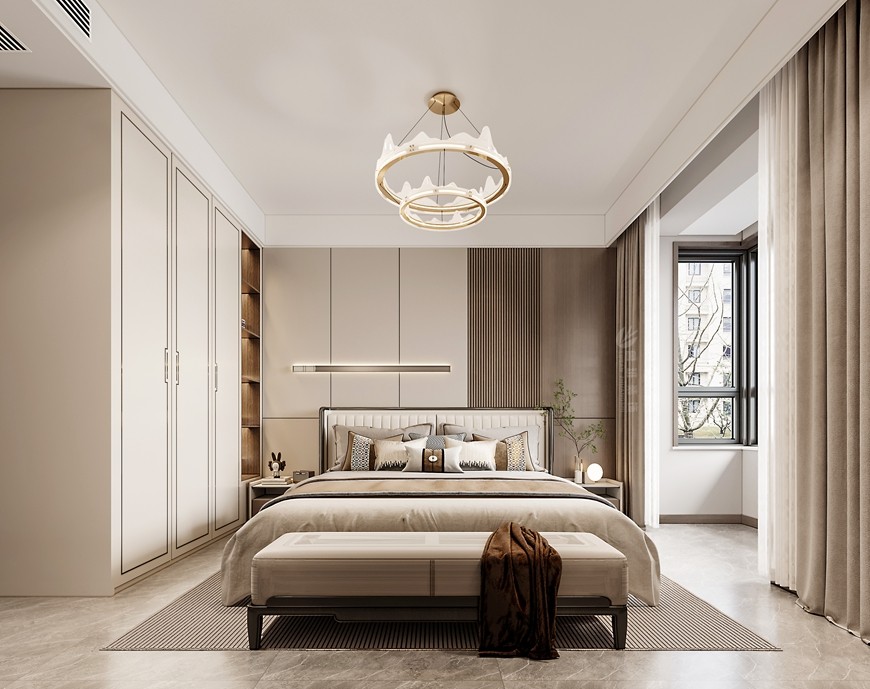 西安(ān)魯班裝(zhuāng)飾華清學(xué)府城150平米新(xīn)中(zhōng)式設計——主卧效果圖 西安(ān)魯班裝(zhuāng)飾華清學(xué)府城150平米新(xīn)中(zhōng)式設計——主卧效果圖