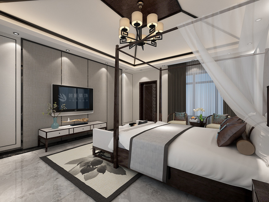 西安(ān)魯班裝(zhuāng)飾出品金地湖(hú)城大境339平米黑胡桃色新(xīn)中(zhōng)式田百朋主筆(bǐ)設計——主卧設計效果圖
