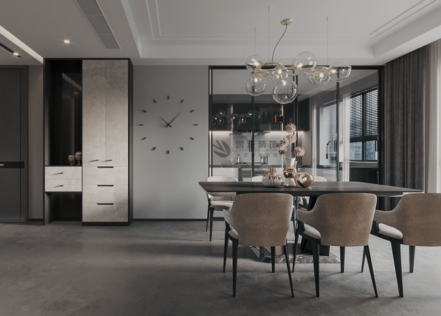西安(ān)魯班裝(zhuāng)飾出品昆明瀾庭140平米三居室黑白灰後現代張巍設計師主筆(bǐ)——餐廳背景牆設計效果圖
