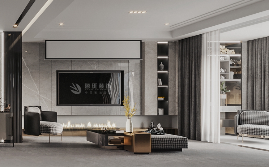 西安(ān)魯班裝(zhuāng)飾出品昆明瀾庭140平米三居室黑白灰後現代張巍設計師主筆(bǐ)——電(diàn)視背景牆設計效果圖