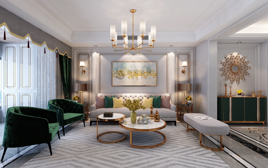 西安(ān)魯班裝(zhuāng)飾出品天創雲墅170平米四居室美式輕奢塗黎設計師主筆(bǐ)——客廳沙發背景牆設計效果圖